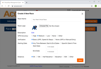 how to create a virtual race with AccuRun